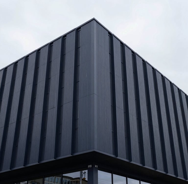 Architectural detail of a clean, modern European port facility, muted corporate navy tones, cool overcast daylight, 35mm.