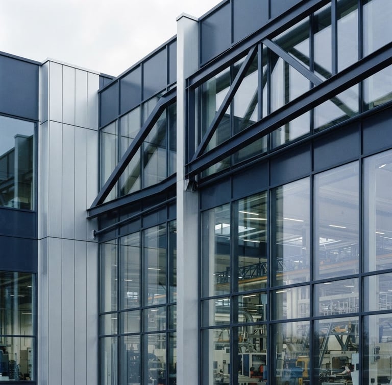 Architectural close-up of a modern European manufacturing facility, clean geometric steel lines, cool overcast daylight, muted navy tones, 35mm