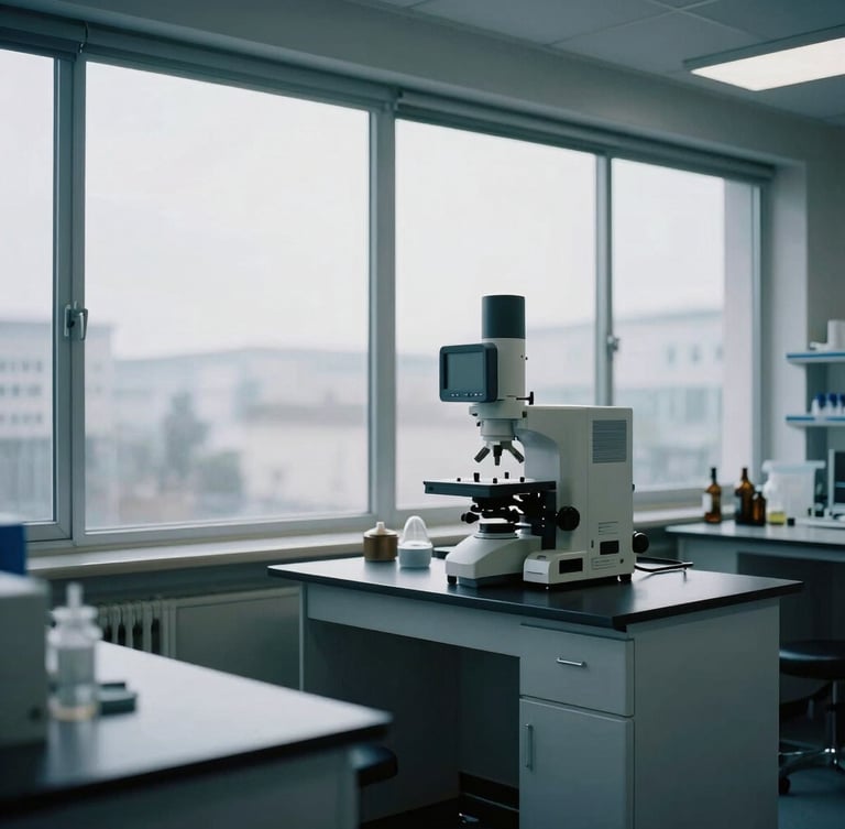 A quiet, modern European quality control laboratory, cool overcast daylight filtering through large windows, technical precision, 35mm.