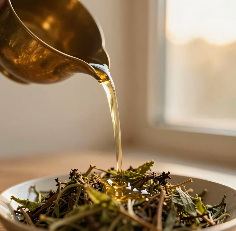 Intimate close-up of warm herbalized oil pouring from a polished brass vessel, soft golden-hour window light reflecting on the stream, shallow depth of field