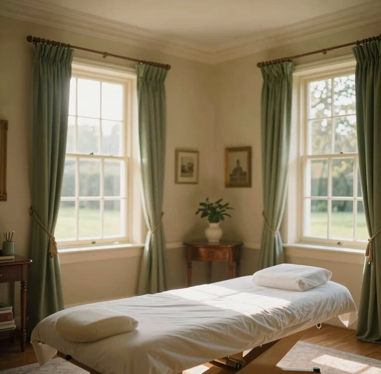 Wide environmental shot of a quiet treatment room in a historic estate, soft sunlight filtering through windows, warm cream walls, botanical green accents
