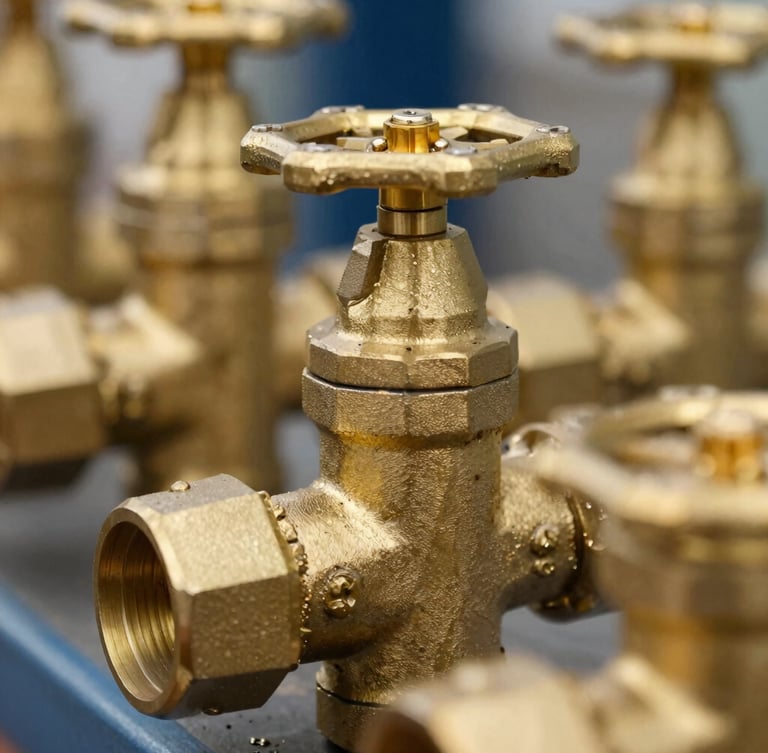 Close-up of golden brass metal shavings and industrial brass valves in bright natural daylight, metallic textures, sharp focus, 35mm lens