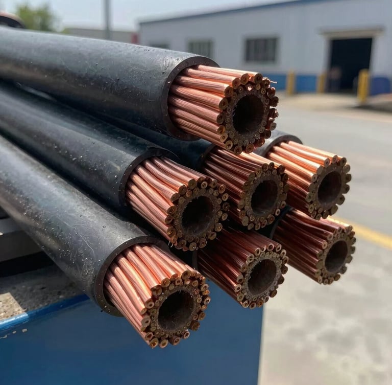 Close-up of thick industrial copper cables cut clean, showing copper wire core texture, bright natural daylight, industrial yard background