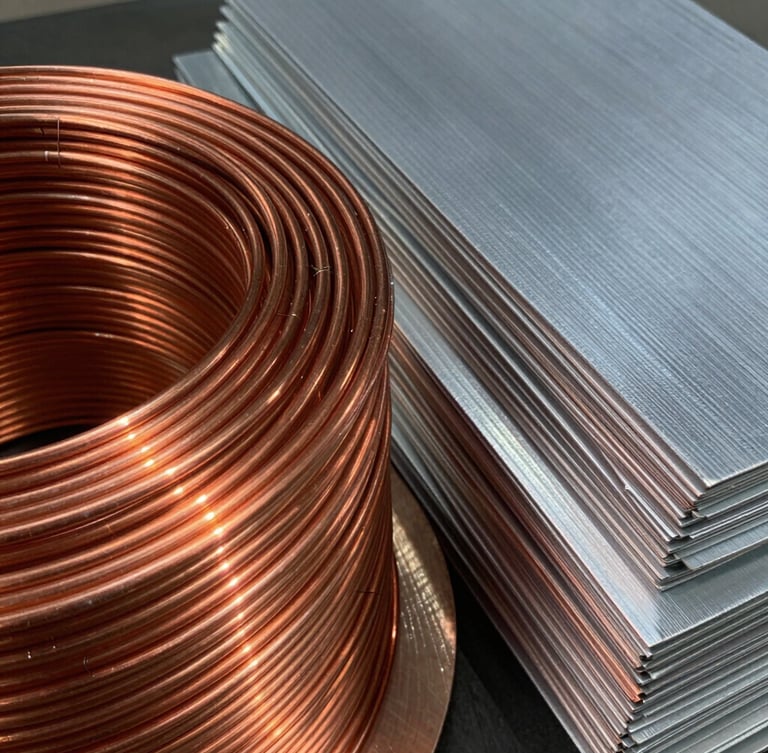 Close-up of shiny copper wire coils and clean sorted aluminum sheets in an industrial setting, bright natural daylight