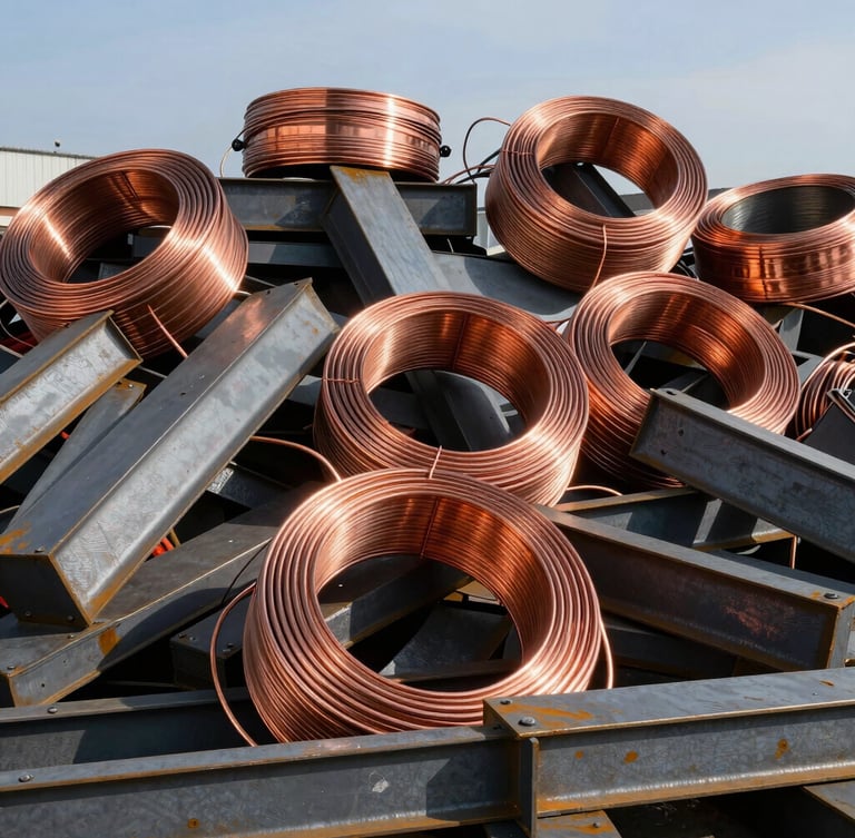 High-quality industrial scrap metal pile under bright daylight, copper coils and steel beams visible, sharp focus, professional industrial photography