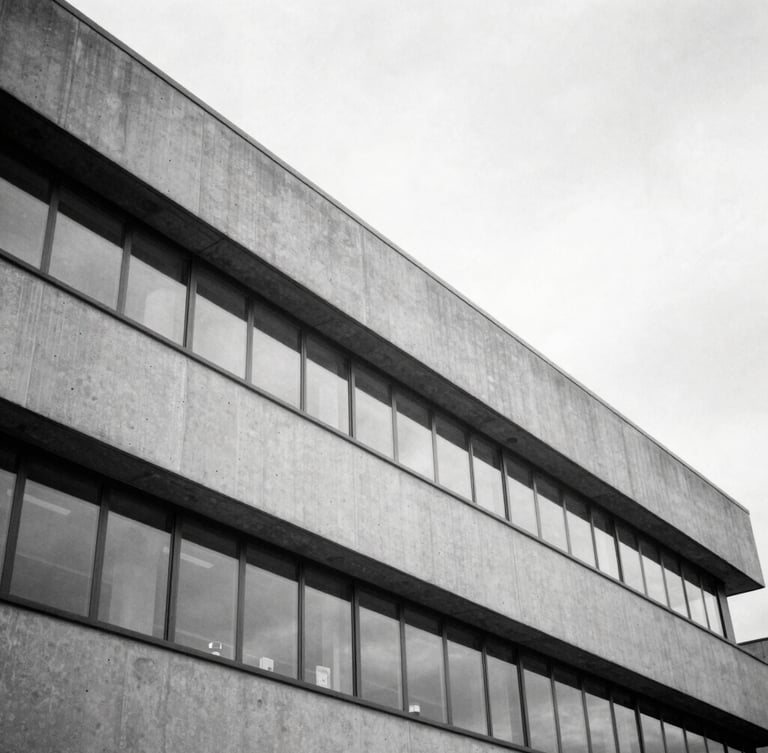 A sharp architectural black and white photograph of a modern medical research facility facade, clean concrete angles, soft overcast daylight, 35mm lens.