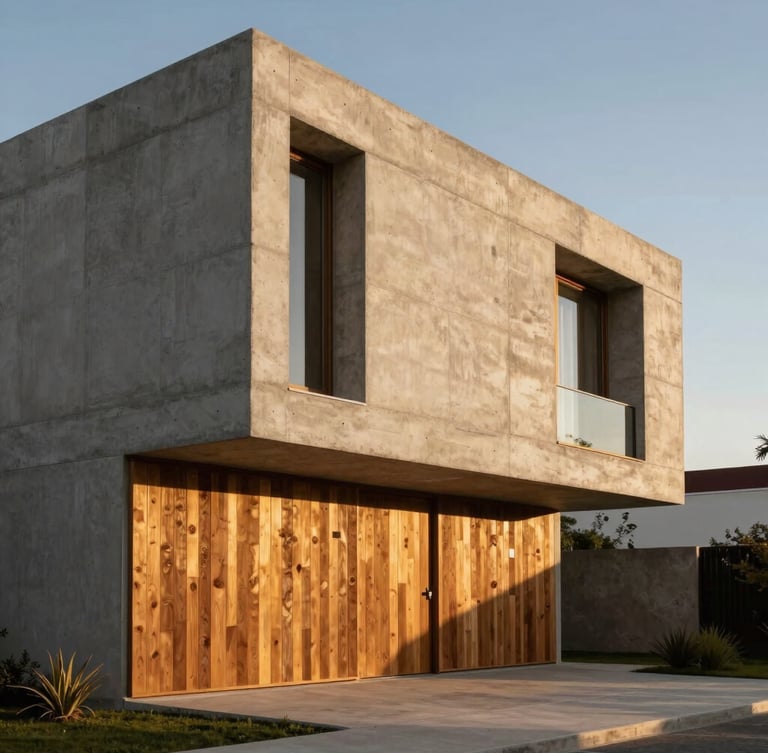 Fachada exterior de casa moderna minimalista en Saltillo, líneas rectas, concreto aparente y madera, luz de atardecer dorado