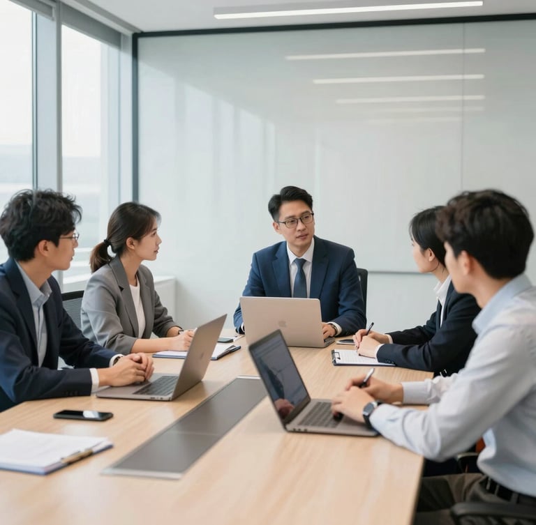 Modern corporate meeting room, clean and relaxed workspace with natural light, executives collaborating around a table, editorial 35mm