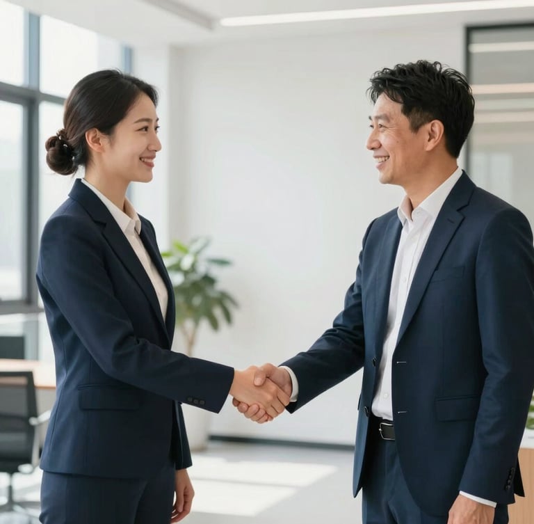 Two professional executives smiling and shaking hands in a bright, clean office lobby, feeling relieved and confident, natural light, blue and orange accents, editorial 35mm