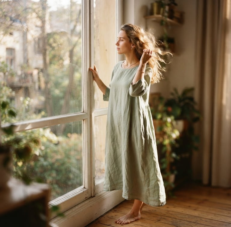 Portrait of a woman in a flowing linen dress, soft sage color, standing by a sunlit window, gentle breeze, shallow depth of field, warm editorial photography.