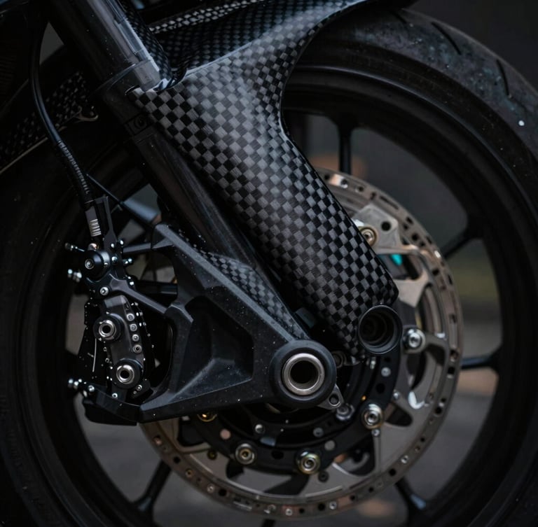 Macro shot of raw OEM motorcycle plastic being meticulously overlaid with raw 3K carbon weave under sharp rim lighting, deep blacks, high-contrast, 85mm