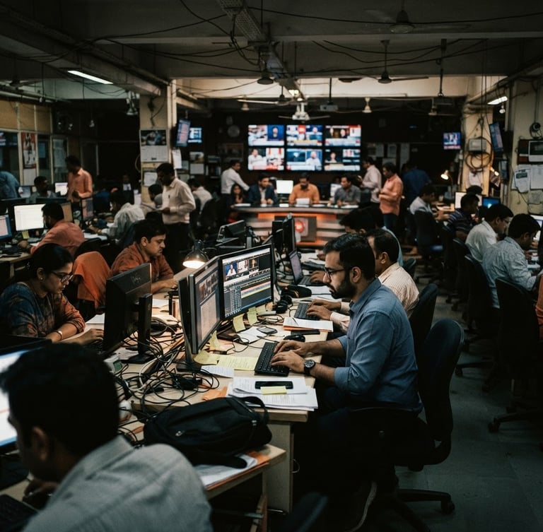 Wide photojournalistic shot of a bustling Indian newsroom at night, monitors glowing, reporters focused on screens, high-contrast shadows, desaturated editorial tones, 35mm documentary style.