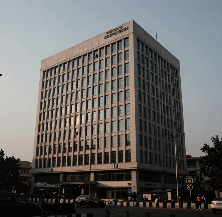 Wide photojournalistic shot of the exterior of a modern, authoritative office building in Sector 14, Gurgaon, India, at dusk. High contrast, natural light, desaturated tones, with a focus on the architecture and surrounding urban environment.