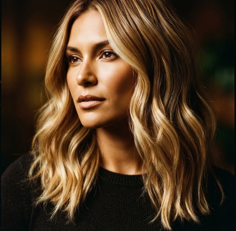 Close-up of a model with beautifully hand-painted balayage hair, showing rich dimensional blonde tones and seamless blend, dramatic studio lighting, shallow depth of field, high-contrast, 35mm film look, hair texture in sharp focus, styled to perfection.