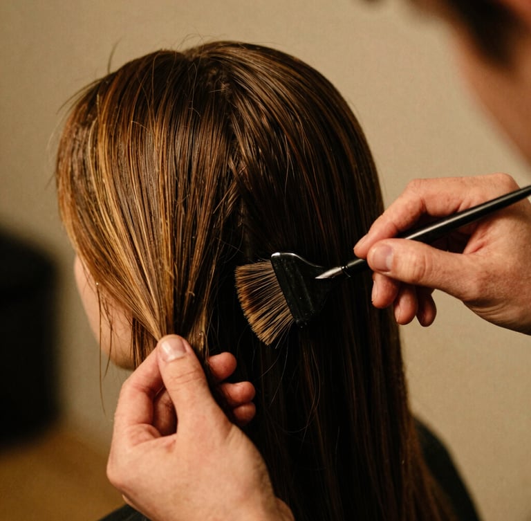 Close-up of a stylist's hands meticulously applying balayage with a brush to a client's hair, warm studio lighting, high-contrast, shallow depth of field, 35mm film look.