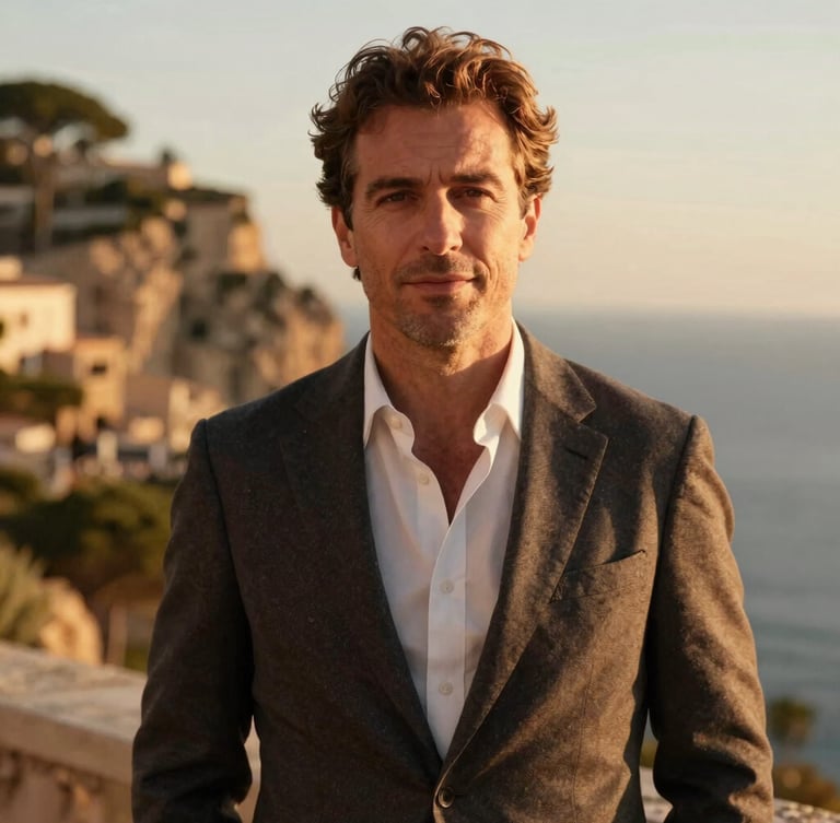 Crisp editorial portrait of a creative director in Mallorca, warm natural golden hour light, coastal background blurred, high-end lifestyle feel.