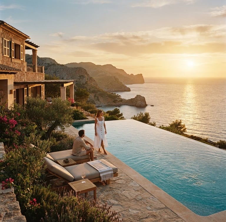 Wide cinematic shot of a sun-drenched luxury villa infinity pool in Mallorca at golden hour, overlooking the Mediterranean Sea, warm shadows, high-end editorial feel.