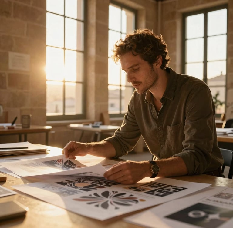 Close-up editorial portrait of a creative director reviewing high-end print layouts in a sun-drenched stone atelier in Palma, warm golden hour light streaming through tall windows