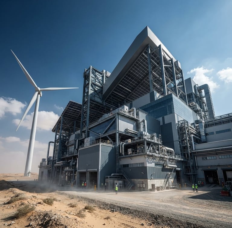 Wide-angle low-angle architectural shot of a massive industrial factory in the MENA desert, featuring sleek steel structures, integrated solar panels on the roof, and a large wind turbine nearby, high-contrast crisp daylight with dramatic shadows, slate gray and steel blue tones.
