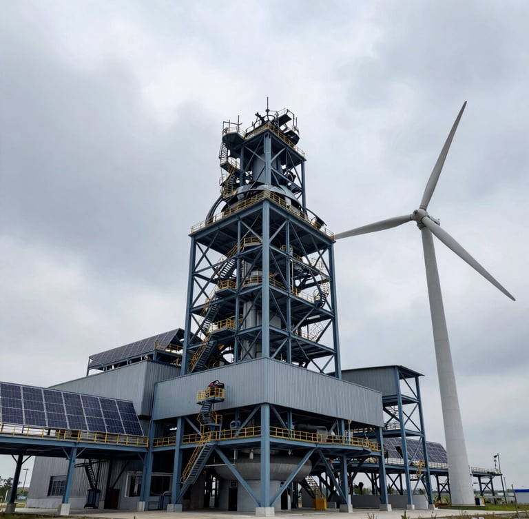 Low-angle architectural shot of a modern heavy-industry factory with massive wind turbines integrated into the site and solar arrays covering the roof, dramatic overcast sky highlighting the steel structure, high-contrast steel blue and slate tones.