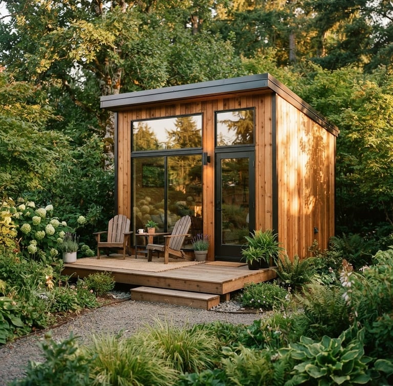 Warm architectural photography of a modern cedar prefab tiny home nestled in a lush green backyard, soft golden hour sunlight reflecting off Douglas fir panels, 35mm