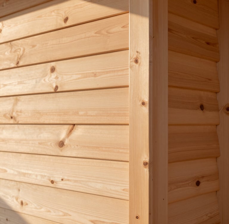 Close-up of tactile wood joinery on a cedar cabin wall, soft morning light highlighting the natural grain of Douglas fir, architectural detail