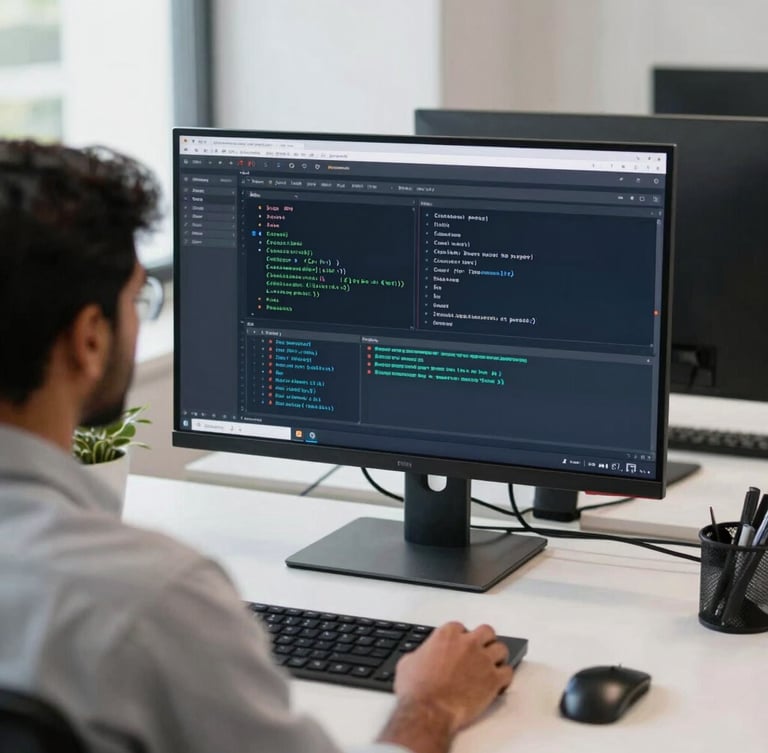 Over-the-shoulder shot of a clean modern workspace in India, a developer reviewing node-based automation flows on a high-resolution display, cool screen glow, sharp focus, 35mm