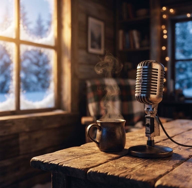 Portrait-oriented image of a vintage condenser microphone on a rustic wooden table, steam rising from a mug, inside a cozy, snow-rimed cabin, warm light from a window, shallow depth of field, 35mm film grain. The microphone is positioned to the right, leaving space for text on the left.