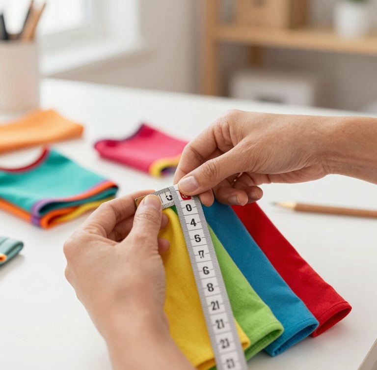 Hands of a Mexican artisan measuring a soft colorful fabric with a tape measure, warm studio workshop background, bright natural light