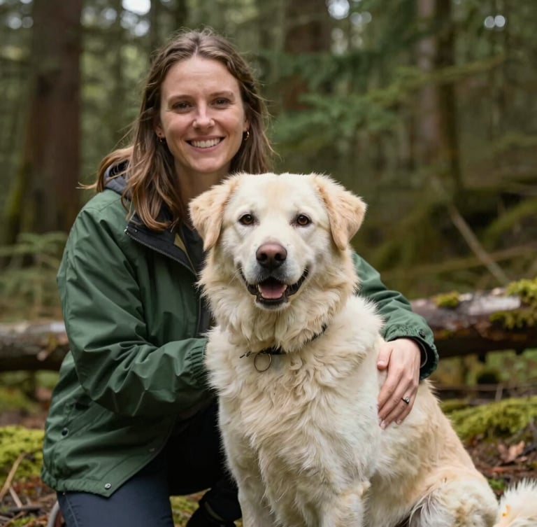 An intimate eye-level portrait of a healthy companion dog sitting next to a smiling volunteer in a forest-green jacket, soft overcast Pacific Northwest daylight, warm editorial style.