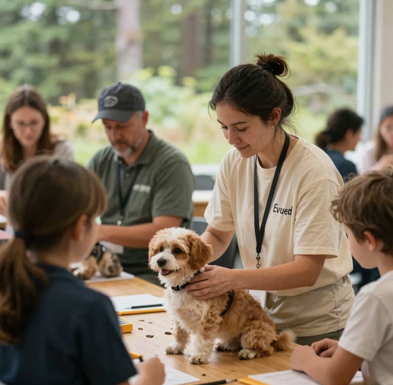 A warm community workshop in Everett, Washington, a volunteer demonstrating gentle pet care to local families, soft natural overcast light, authentic human-animal interaction