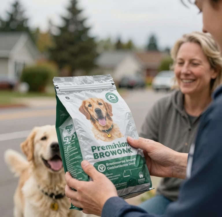Candid medium close-up of a volunteer handing a bag of premium dog food to a smiling resident on an Everett street, soft overcast daylight, natural warm tones, shallow depth of field