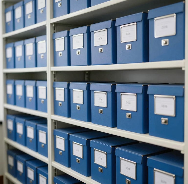 A beautifully organized physical archive room with neatly labeled boxes on clean steel shelves, bright neutral office daylight, sharp focus, 35mm