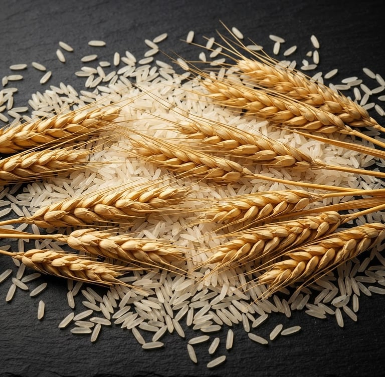 Straight-on premium commercial shot of raw basmati rice grains and golden wheat stalks on a matte black background, warm golden studio lighting