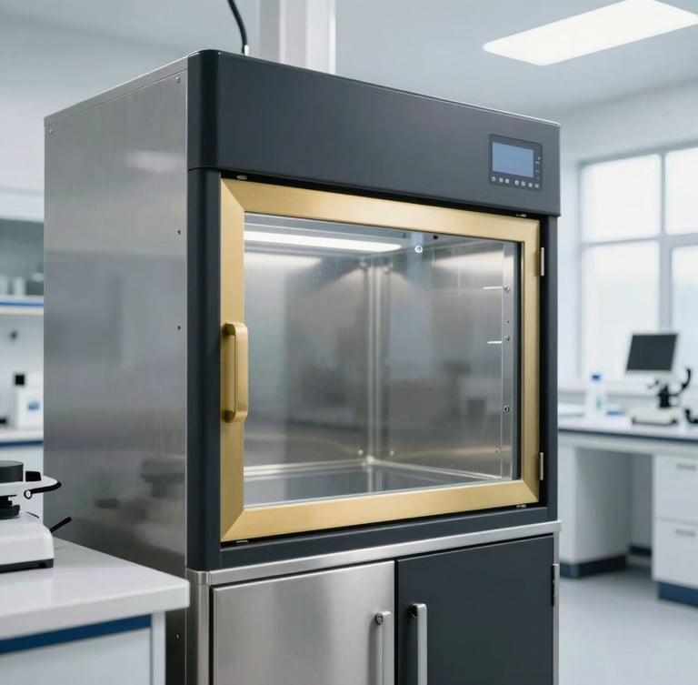 Crisp architectural view of a high-tech sanitization laboratory, stainless steel equipment, bright clinical daylight, sharp focus.