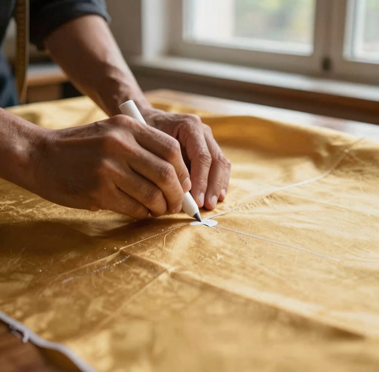 Hands of an experienced tailor marking rich golden-yellow silk with white tailoring chalk, warm natural light from a workshop window, detailed focus on textile texture
