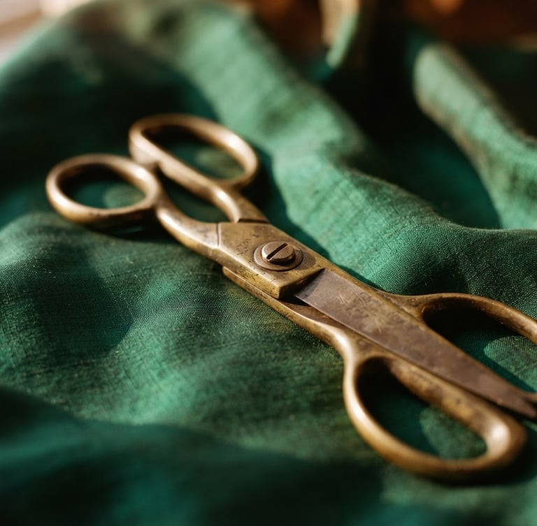 Close-up of heavy brass scissors resting on rich emerald green silk textile, warm directional side window light, soft rich shadows, 35mm photography