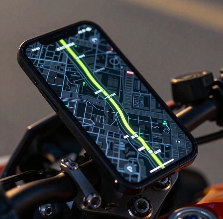 Extreme close-up of a smartphone mounted on a motorcycle handlebar, showing a glowing route map with a cyber-lime path, high-contrast night neon reflections on the screen.