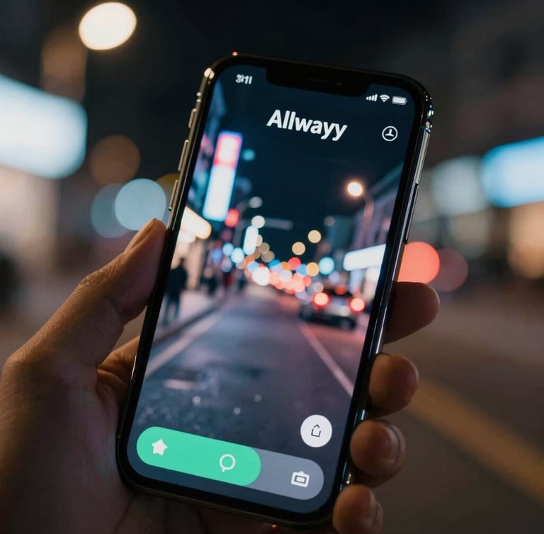 Extreme close-up of the Allwayy app interface on a physical phone held in a hand, high-contrast night neon reflections on the screen, dynamic city street blurred in the background, cinematic portrait framing.