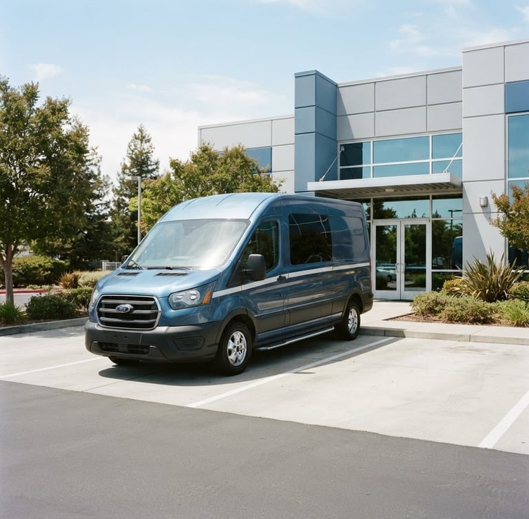 A branded service vehicle parked in front of the clean Concord facility, bright natural daylight, crisp blue and metallic tones, sharp focus, 35mm