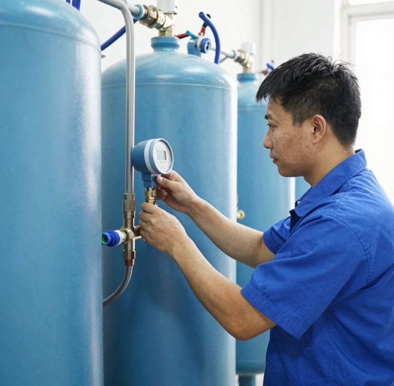 Medium eye-level shot of a certified water technician in a clean uniform adjusting a digital water meter on a newly installed filtration tank, bright utility room lighting, sharp focus on metallic fittings.