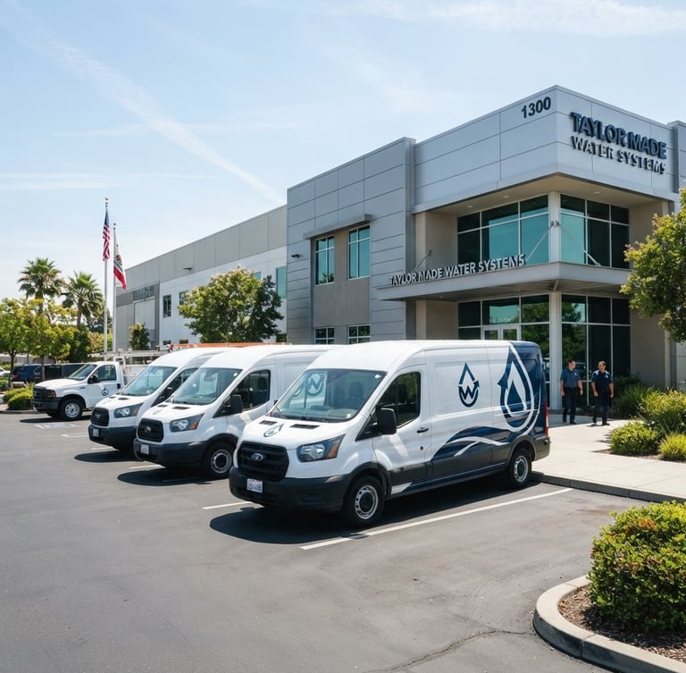 Branded service vehicles parked outside the clean, modern industrial office of Taylor Made Water Systems in Concord, bright daylight, 35mm