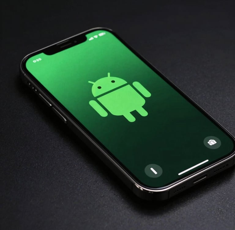 Dynamic angled close-up of a high-fidelity Android phone mockup displaying a dark-mode mobile interface with electric green highlights, low-key studio lighting with rim highlights, dark background.