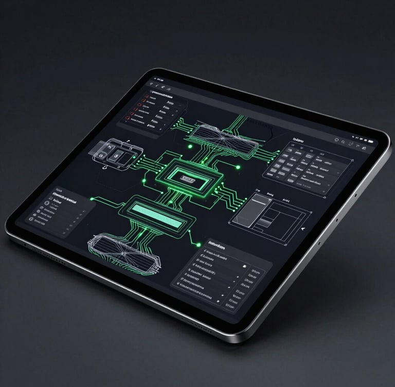 Dynamic angled close-up of a high-fidelity Android tablet mockup displaying complex wireframe schematics of application architecture, electric green rim-lighting on dark glass screen, deep charcoal background.