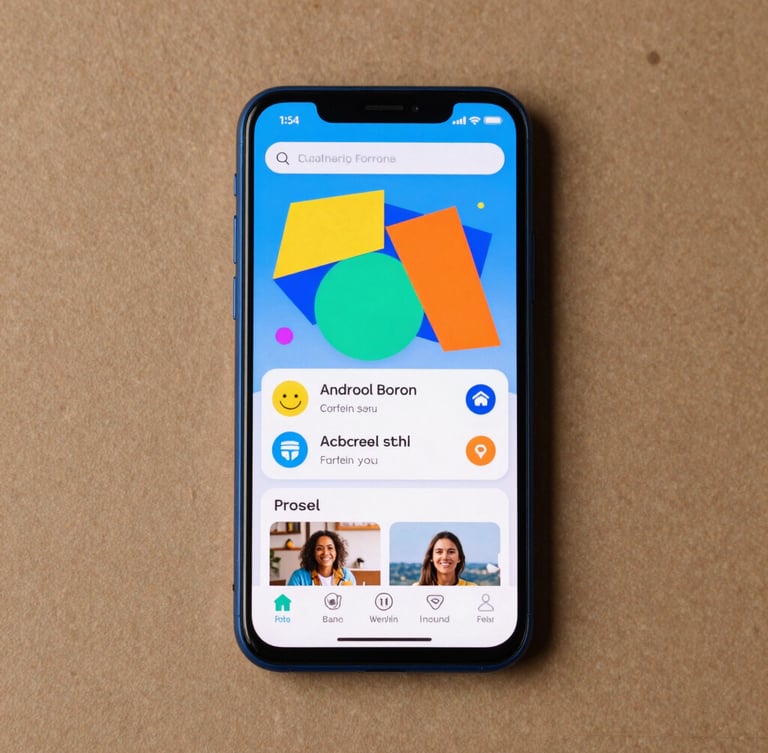 A crisp front-facing flat-lay of a modern Android phone displaying a vibrant educational app interface with geometric shapes, cyber blue edge lighting.