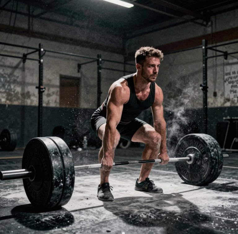 Dramatic low-key sports photography of a male powerlifter preparing for a heavy deadlift, dynamic chalk dust in the air, raw steel barbell, high-contrast shadows, 35mm film.