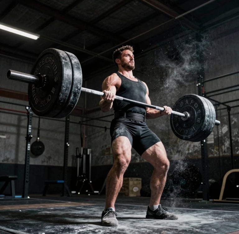 Low-angle dramatic low-key sports photography of a male powerlifter gripping a heavily loaded barbell, chalk dust floating in the air, dark warehouse gym background, cinematic 35mm film.