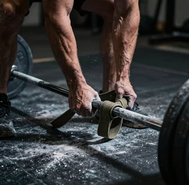 Close-up cinematic shot of a male powerlifter's calloused hands wrapping heavy canvas straps around a knurled steel barbell, dramatic low-key side lighting, high contrast shadows, chalk dust floating in the air