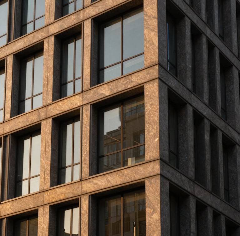 Structured modern office building facade with clean geometric lines, warm directional sunlight, rich amber tones, sharp focus