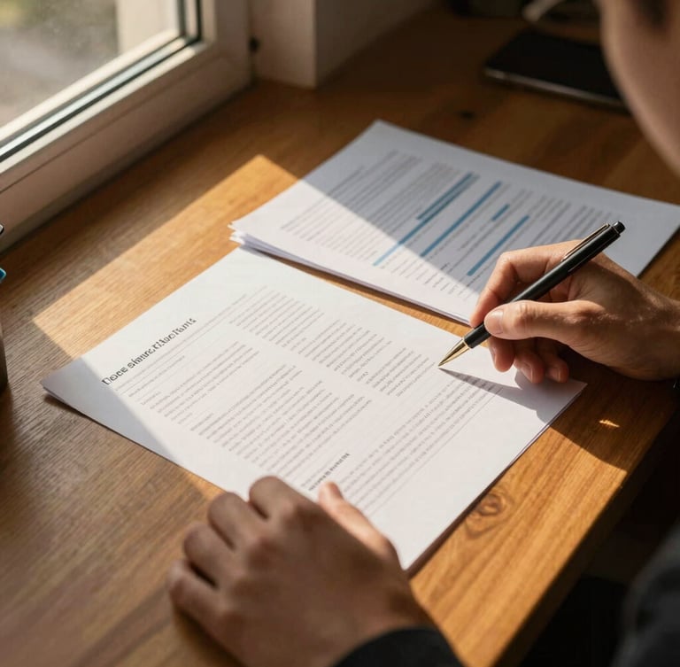 Structured overhead shot of a clean, organized desk with hands reviewing financial documents, warm golden-hour window light, rich amber tones, sharp focus